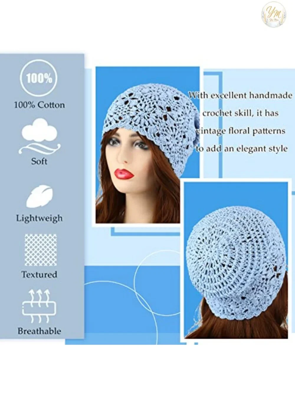 4 Pack Crochet Slouchy Beanie Hats, Knit Floral Cutout Polyester, Summer Fall